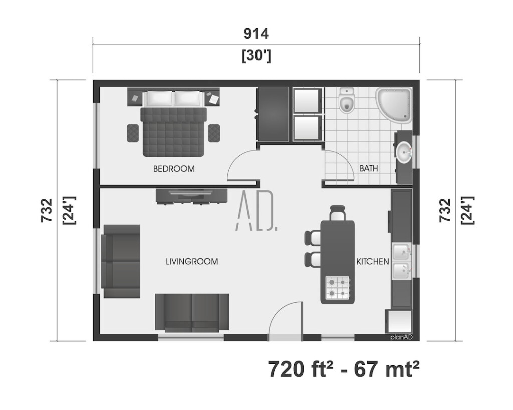 1 Bedroom House Plan 24x30 House Plan 1 Bed 1 Bath Floor Plan Modern  - 24X30 House Floor Plans
