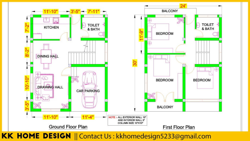 24 x30 Feet Small House Design With 3 Bedrooms Full Plan KK Home Design - 24X30 House Floor Plans