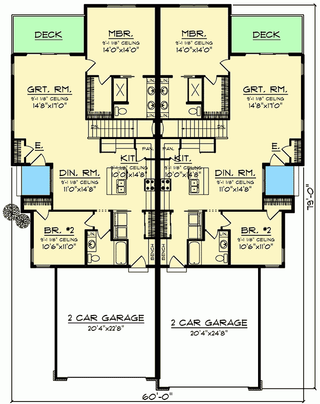 Craftsman Duplex With Matching 2 Bedroom Units 890091AH  - Duplex House Design Floor Plan