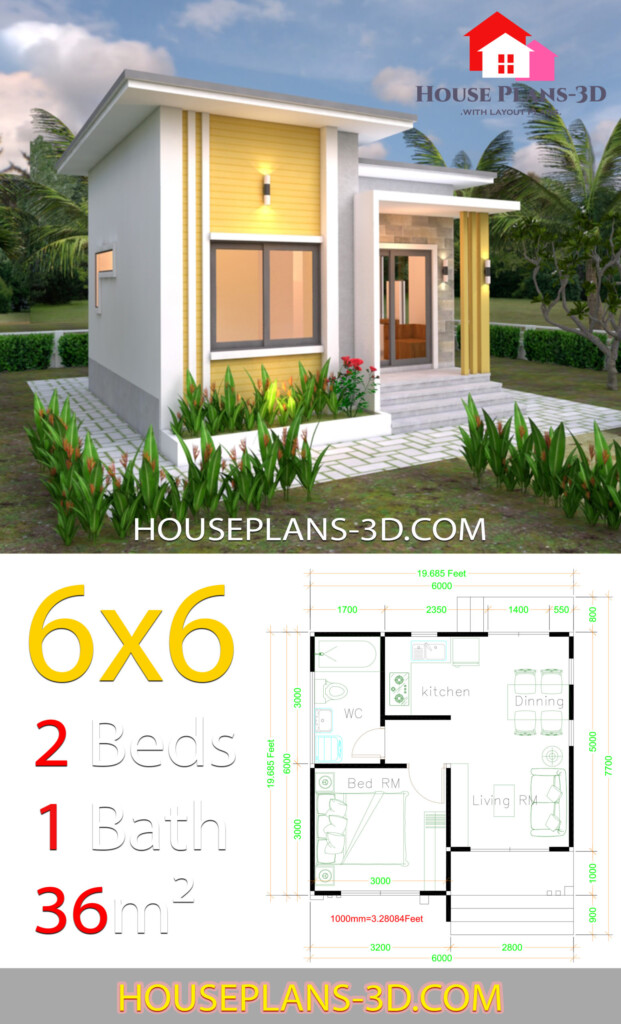 House Plans 6x6 With One Bedrooms Flat Roof House Plans 3D - 6X6 House Floor Plan