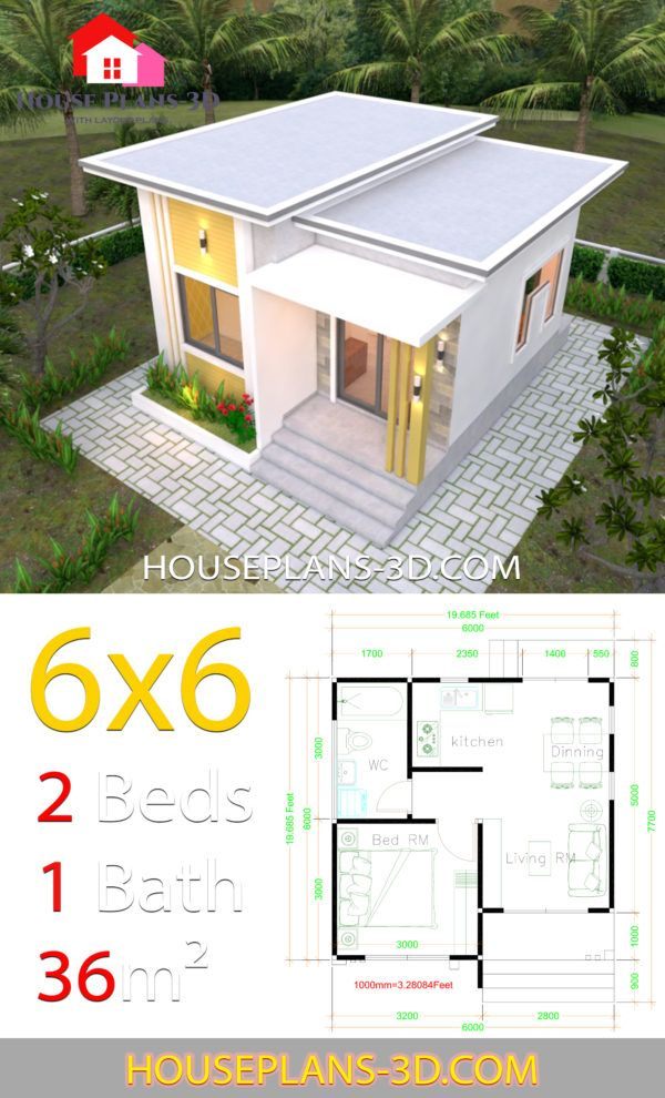 House Plans 6x6 With One Bedrooms Flat Roof House Plans 3D Flat  - 6X6 House Floor Plan