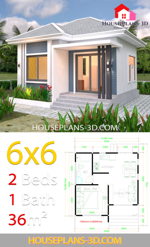 House Plans 6x6 With One Bedrooms Hip Roof House Plans 3D - 6X6 House Floor Plan