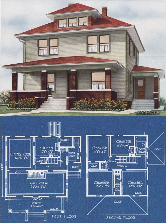 Midwestern Foursquare Modern Prairie Box 1921 C L Bowes Square  - Four Square House Floor Plans