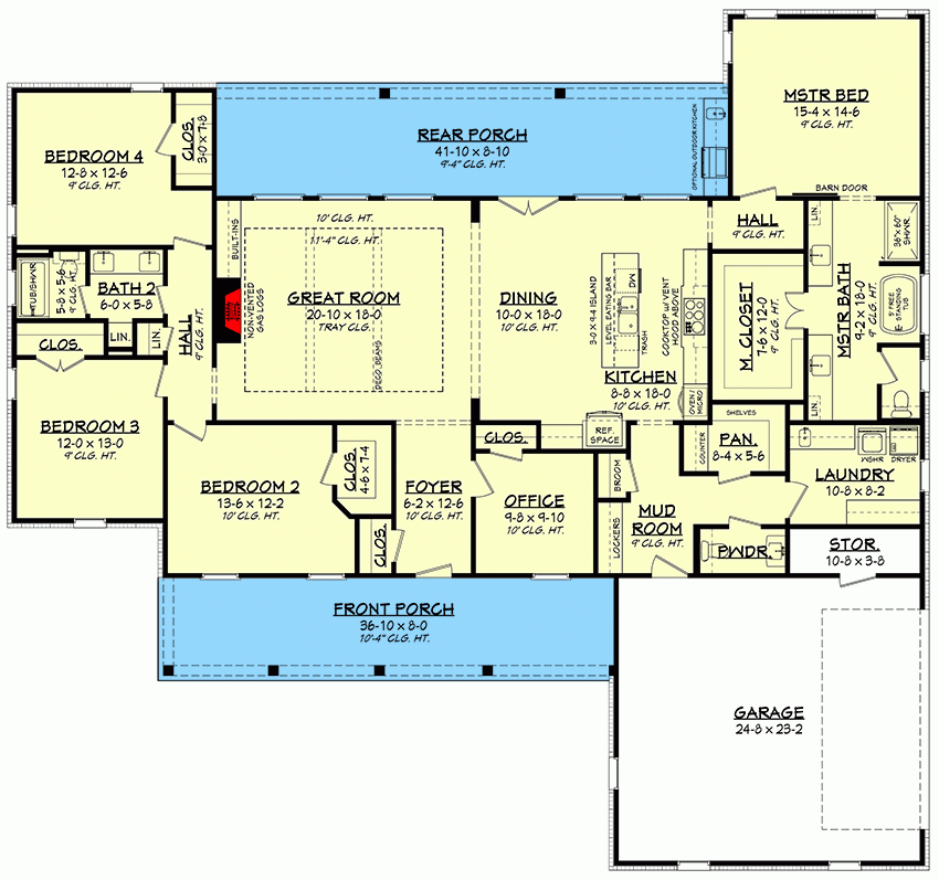 One Story 4 Bed Modern Farmhouse Plan With Home Office 51841HZ  - 1 Story 4 Bedroom House Floor Plans