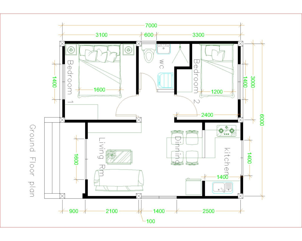 Simple House Plans 6x7 With 2 Bedrooms Hip Roof House Plans 3D - Simple House Floor Plans With Pictures