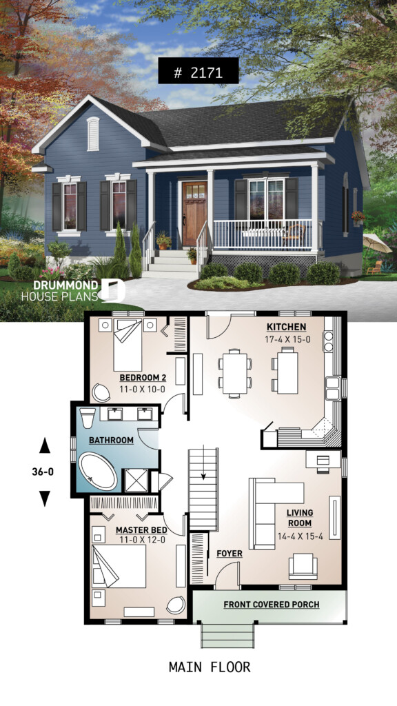 Simple One Story House Plan With Open Floor And Front Porch - House Plans With Open Floor Plan And Sunroom