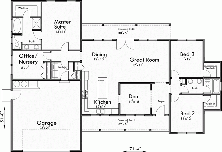 Single Level House Plans One Story House Plans Great Room House - One Level House Floor Plans