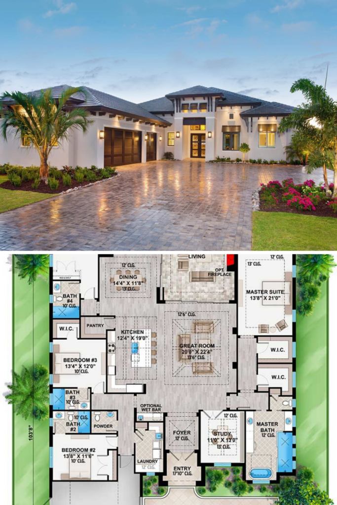 This Single Story Southern Contemporary House Design Plan Has 4  - 1 Story 4 Bedroom House Floor Plans